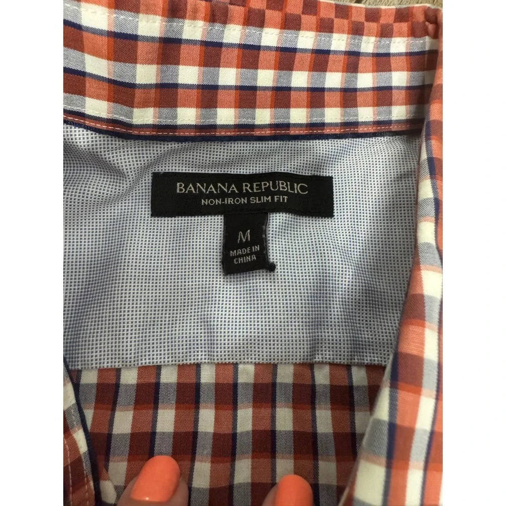 Banana Republic Mens Slim Fit Non-Iron Gingham Button Down Shirt Red Blue M 15.5